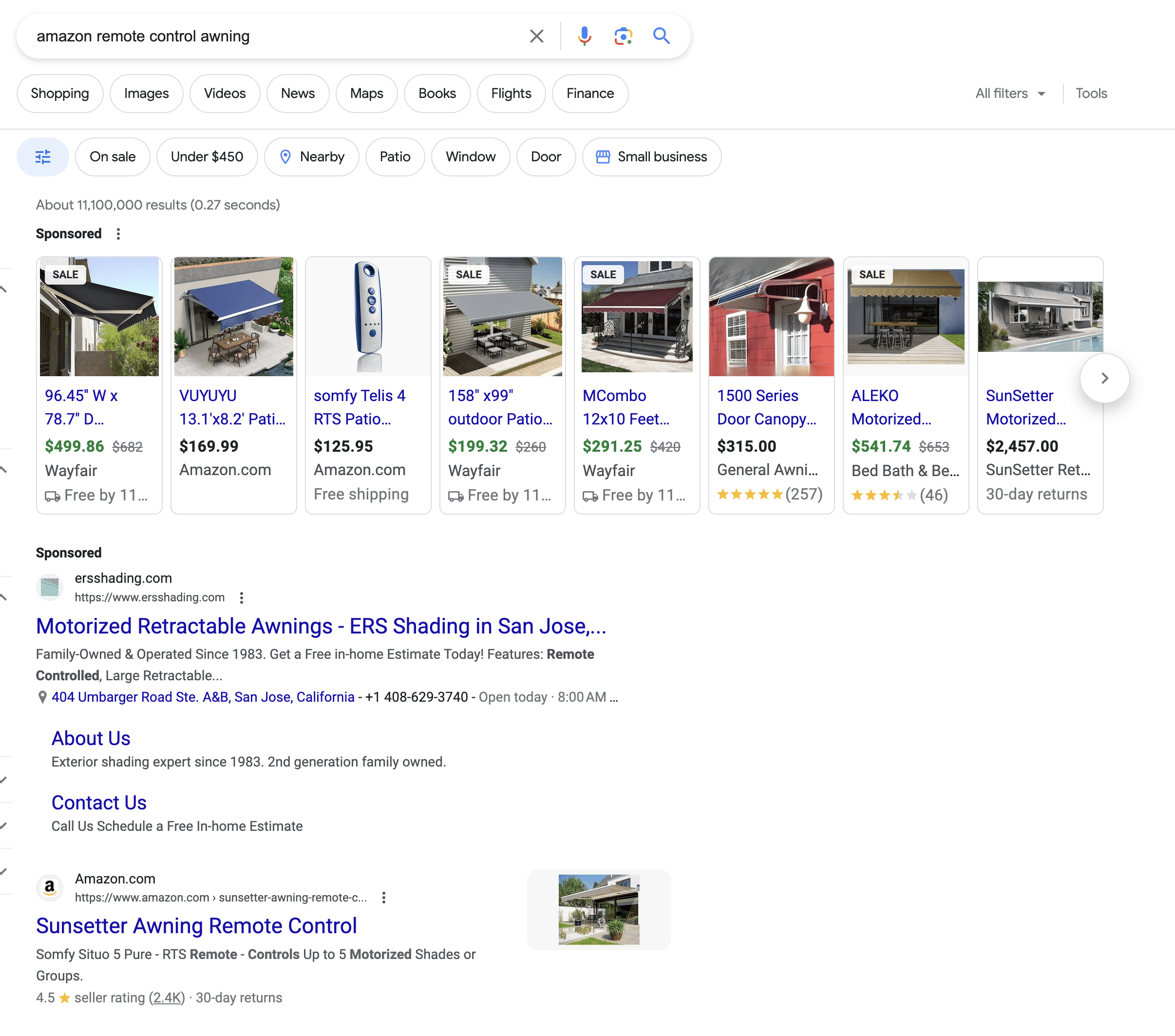 screenshot of Google search result of remote control awnings. 
